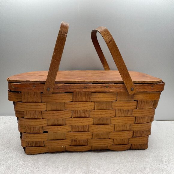 GVUC Vintage 1950s Woven Wood Picnic Basket/Hamper, 2-Handle, 18" x 11" x 8" - Picture 1 of 16